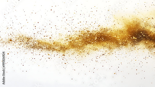 Gold glitter and dust clouds on a white background.