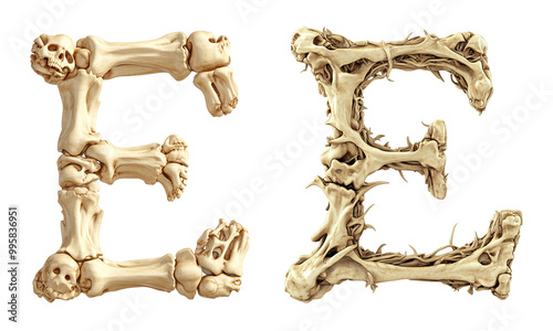 letter font "E" made of bones and skulls for halloween parties and horror festivals