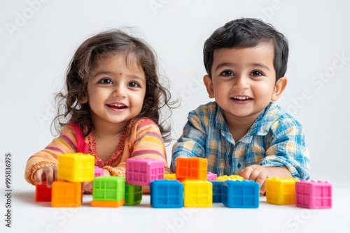 indian little siblings playing with cube toy on white background, Generative AI