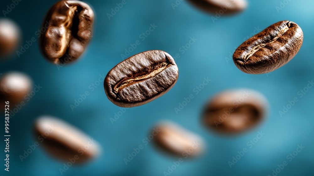 Fototapeta premium Roasted Coffee Beans Suspended in Mid-Air High-Resolution Close-Up on a Deep Blue Background.
