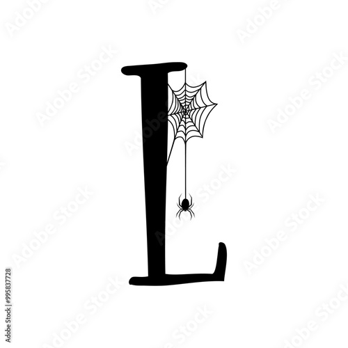 Logo con letra inicial L con tela de araña y araña colgando para tarjetas y felicitaciones de Halloween