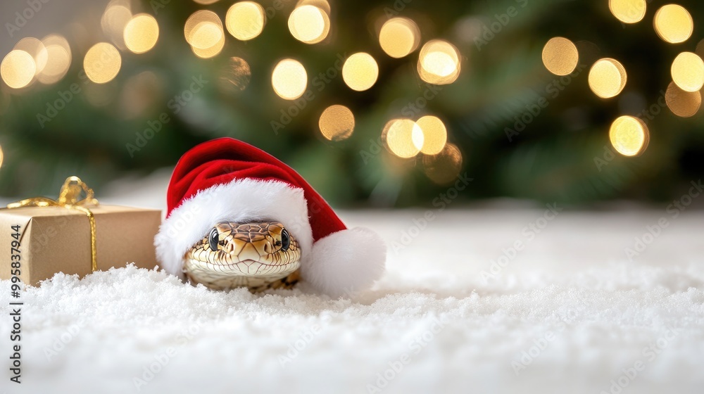 A charming snake with a Santa hat sits beside a present on the snowy surface, with a festive Christmas tree glowing in the background, creating a joyful holiday atmosphere A charming snake with a Santa hat sits beside a present on the snowy surface, with a festive Christmas tree glowing in the background, creating a joyful holiday atmosphere