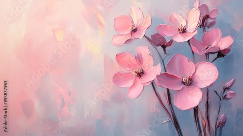 Gentle pink petals blooming in spring, abstract floral arrangement, oil on canvas, pastel color palette, subtle texture, minimalist composition, soft sunlight