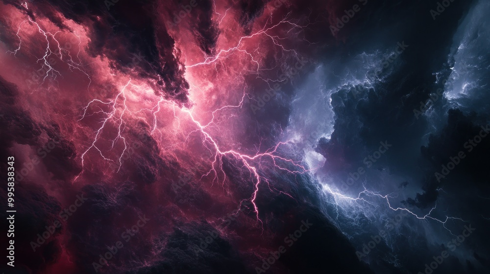 Dramatic Lightning Strikes Through Red and Blue Storm Clouds Dramatic Lightning Strikes Through Red and Blue Storm Clouds