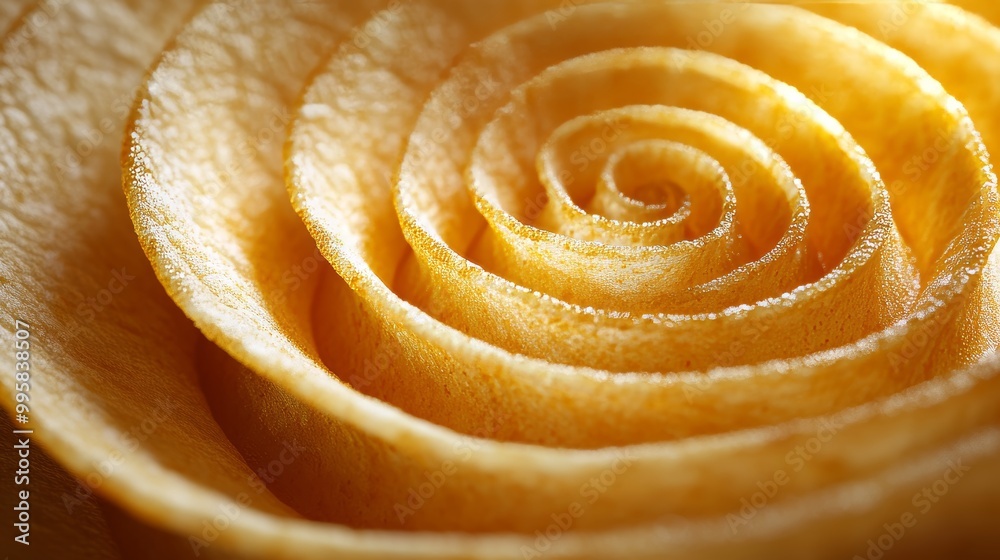 Golden, crunchy potato chips arranged in a spiral pattern, viewed in macro, hyperrealism, soft shadows on white, emphasizing texture and ridges, warm tones Golden, crunchy potato chips arranged in a spiral pattern, viewed in macro, hyperrealism, soft shadows on white, emphasizing texture and ridges, warm tones