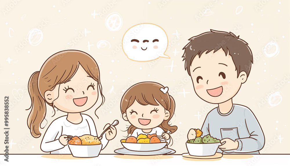 A family of three eating dinner. Linear cartoon designs illustrations, childlike style on a white background. Kawaii A family of three eating dinner. Linear cartoon designs illustrations, childlike style on a white background. Kawaii