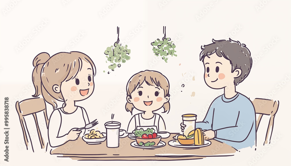 A family of three eating dinner. Linear cartoon designs illustrations, childlike style on a white background. Kawaii A family of three eating dinner. Linear cartoon designs illustrations, childlike style on a white background. Kawaii