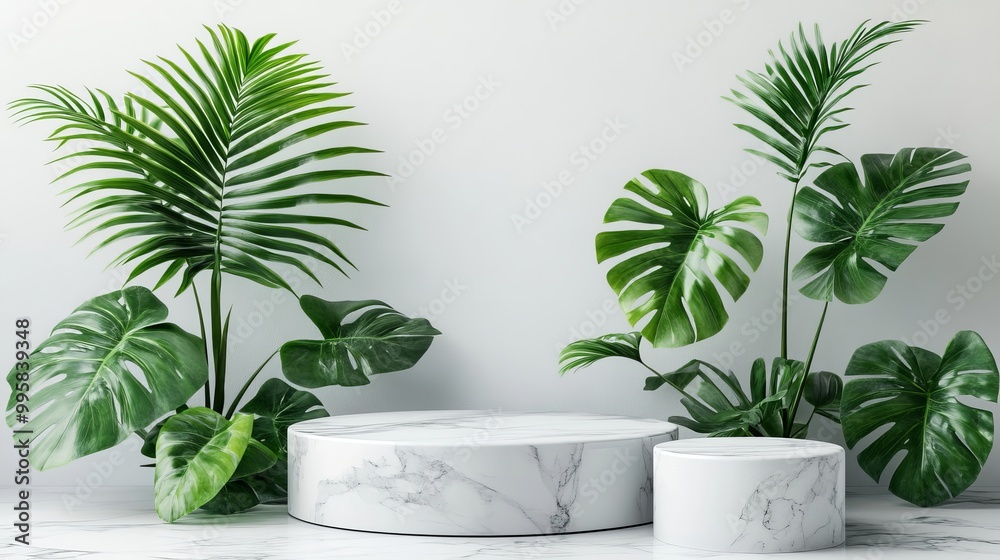 Green monstera leaves surrounding marble podiums, minimalist elegance, 3D rendering, soft light, clean white background, modern and organic contrast Green monstera leaves surrounding marble podiums, minimalist elegance, 3D rendering, soft light, clean white background, modern and organic contrast