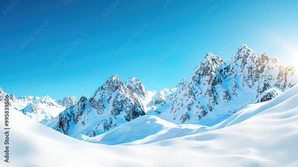 A breathtaking view of snow-covered mountain peaks standing majestically against a clear blue sky, offering a serene and expansive landscape for nature lovers and adventurers alike. A breathtaking view of snow-covered mountain peaks standing majestically against a clear blue sky, offering a serene and expansive landscape for nature lovers and adventurers alike.