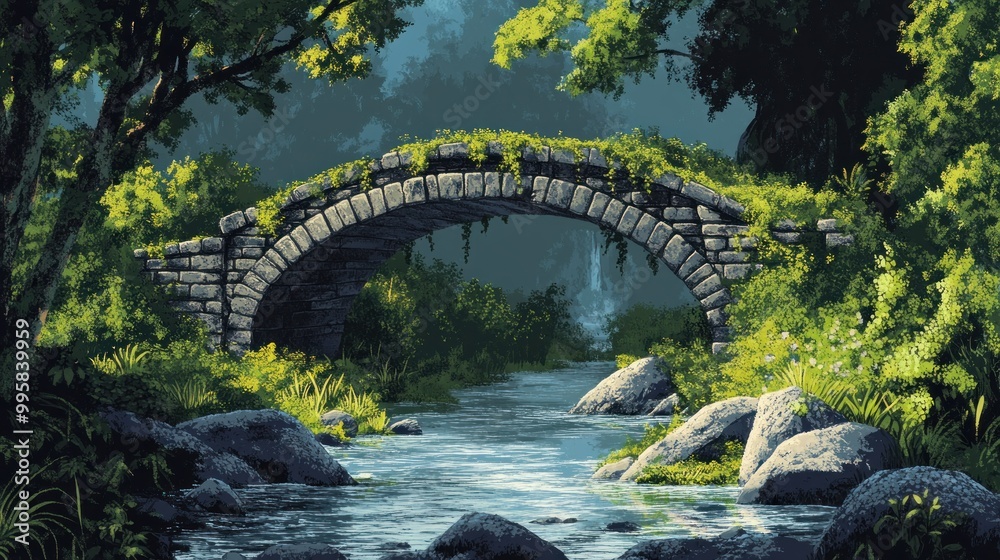 Stone Bridge Arching Over a River in a Lush Forest Stone Bridge Arching Over a River in a Lush Forest