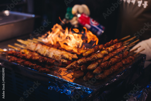 Korean barbecue, Ddakkochi, grilled chicken and pork skewers, variety of different traditional street food selection in Seoul, South Korea, night market with local vendor stalls cooking tasty dishes photo