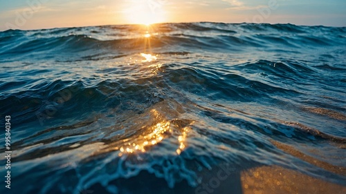 Sunlight reflects off the water's surface as waves ebb and flow at dusk photo