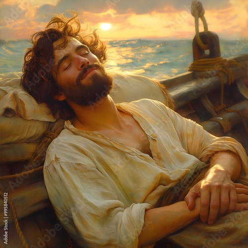 Biblical illustration, Jonah sleeps soundly on the boat while fleeing to Tarshish photo