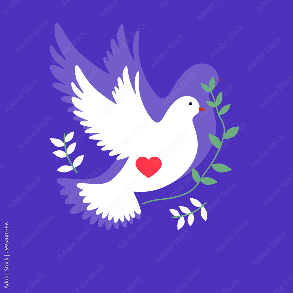white dove with a red heart and olive branch, flying against a purple background, symbolizing peace and love. white dove with a red heart and olive branch, flying against a purple background, symbolizing peace and love.