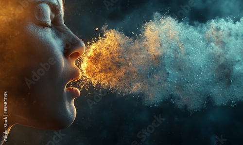 Person blowing golden and blue particles.