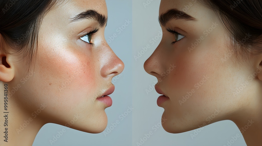 Side profile rhinoplasty before-and-after, showing smooth nasal contour changes and smaller tip, crisp details, Natural Colors, Realistic Digital Illustration Side profile rhinoplasty before-and-after, showing smooth nasal contour changes and smaller tip, crisp details, Natural Colors, Realistic Digital Illustration