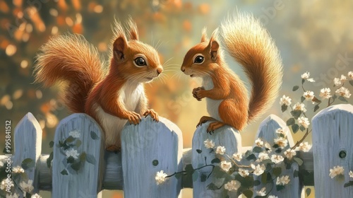 Two Squirrels Perched on a White Picket Fence with White Blossoms photo