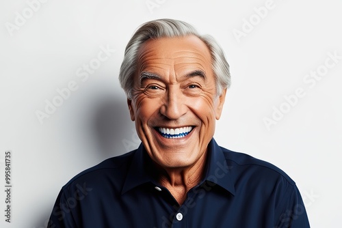 Cheerful Elderly Man Smiling with Bright White Teeth Celebrating Mature Individuality on a Clean Background