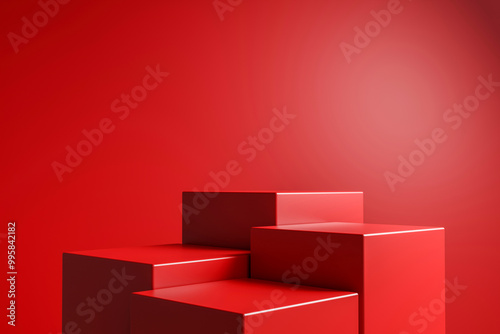 4 steps of empty red cube podium, showcase product, 3d render