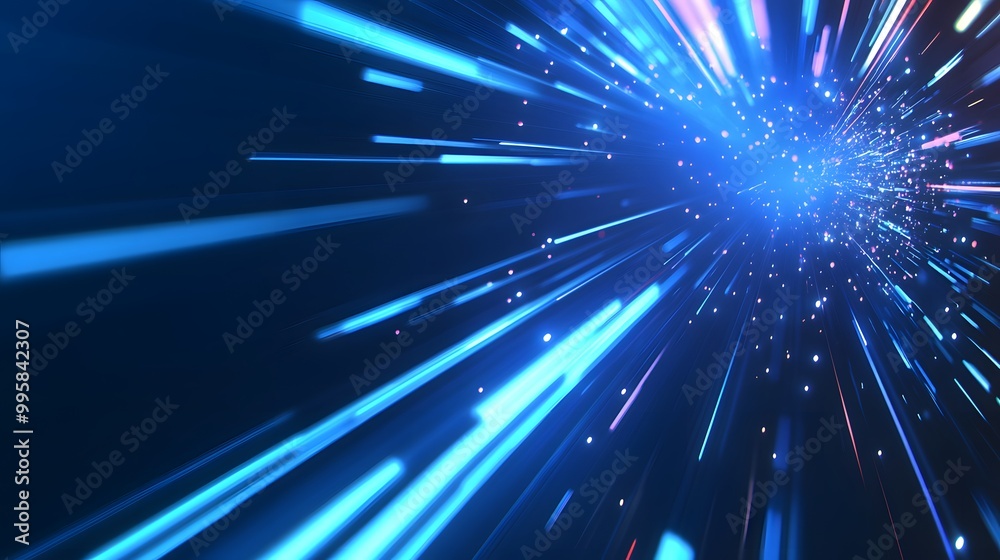 Naklejka premium Vector Abstract, science, futuristic, energy technology concept. Digital image of light rays, stripes lines with blue light, speed and motion blur over dark blue background. 