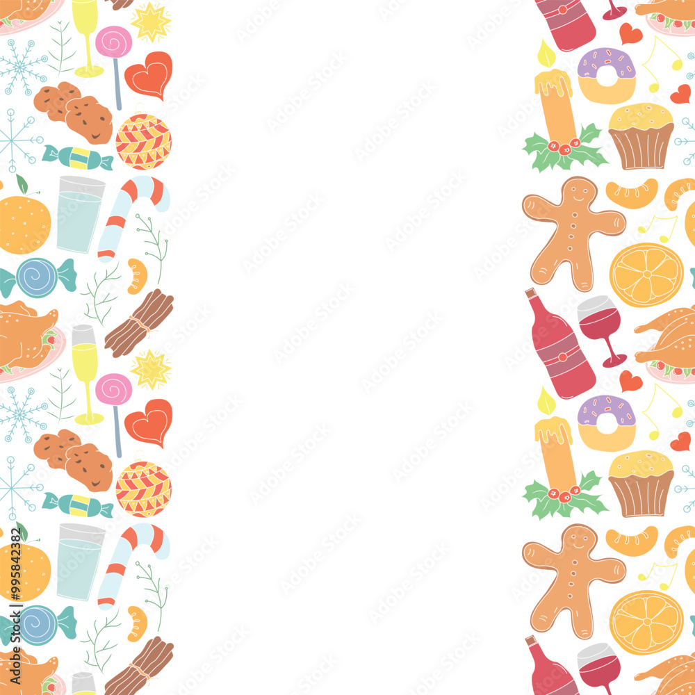 Seamless christmas frame. New year background. Doodle illustration with christmas and new year icons Seamless christmas frame. New year background. Doodle illustration with christmas and new year icons