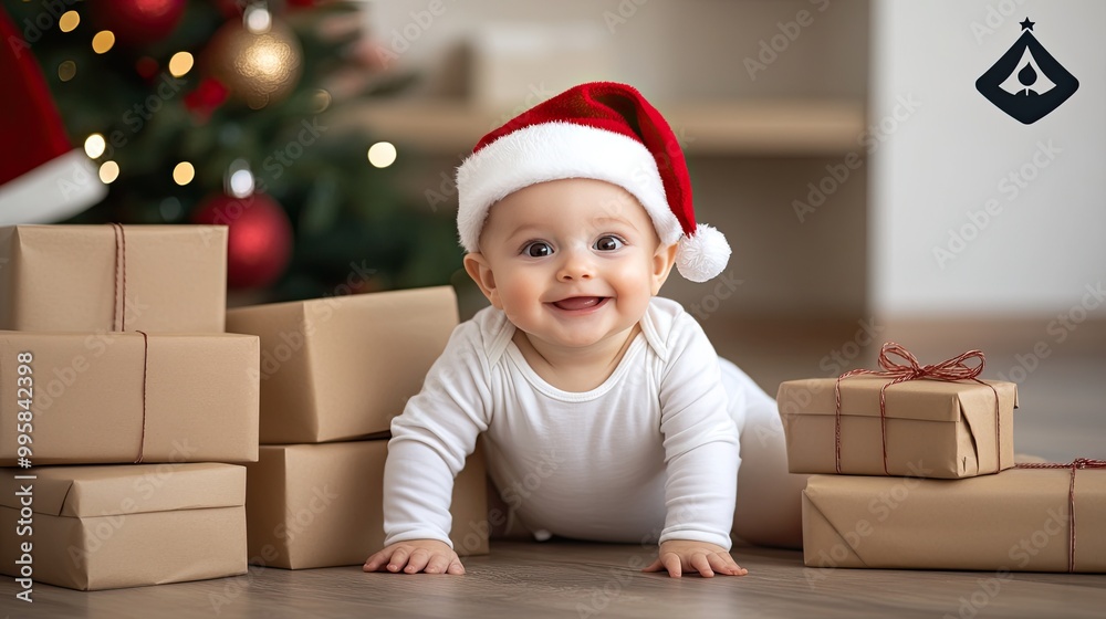 A joyful baby dressed in white and a festive red hat beams with happiness while crawling among beautifully wrapped Christmas presents, celebrating the holiday spirit. A joyful baby dressed in white and a festive red hat beams with happiness while crawling among beautifully wrapped Christmas presents, celebrating the holiday spirit.