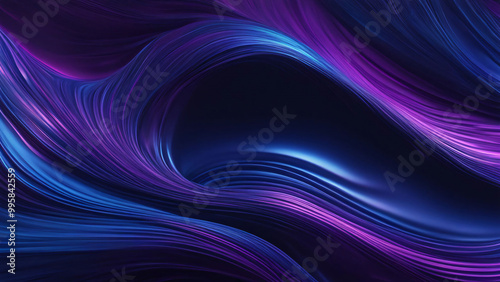 Abstract shiny metallic blue and purple liquid waves. The dark blue backdrop,