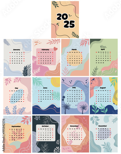 SET OF CALENDAR 2025 WITH FLORAL DECORATIVE ABSTRACT BACKGROUNDS AND CORAL COLORS