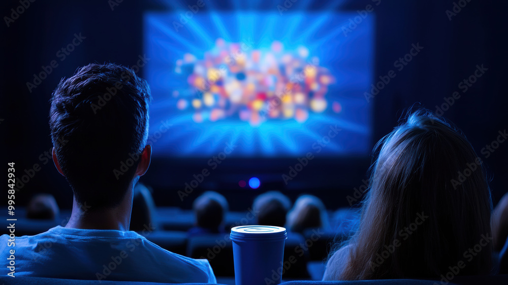 Obraz premium Couple enjoying a movie night in a theater, illuminated by vibrant screen visuals, featuring snacks and excitement.