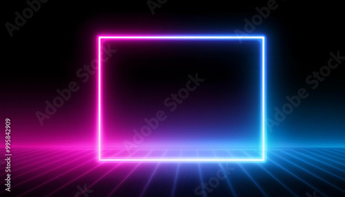 Neon light frame, pink and blue glow. Futuristic vibe. Dark background. Modern design. Close-up.