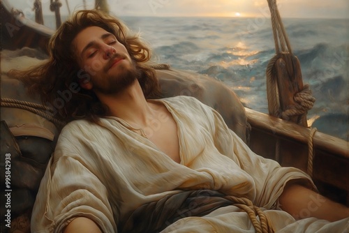 Biblical illustration, Jonah sleeps soundly on the boat while fleeing to Tarshish photo