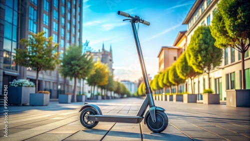 Modern electric scooter parked on a sidewalk in the city center on a sunny summer day