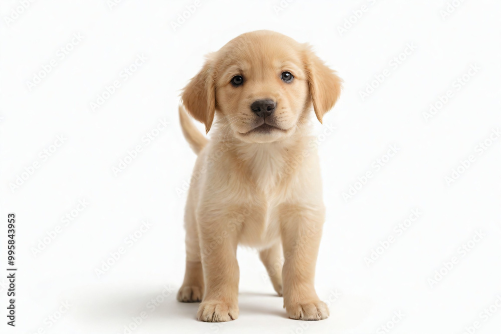 A gentle golden retriever puppy, tail wagging with reckless abandon, facing the camera with a happy and cute expression A gentle golden retriever puppy, tail wagging with reckless abandon, facing the camera with a happy and cute expression