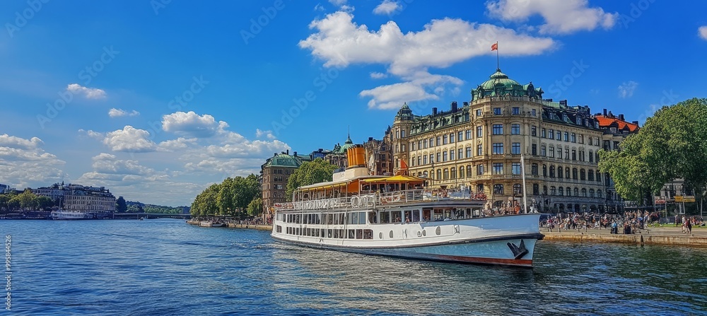 Naklejka premium Grand River Cruise Historic steamboat embarks on scenic journey through Stockholms waters.