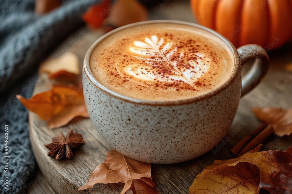 autumnthemed latte art pumpkin design in foam cinnamon sprinkle fallen leaves around cup warm lighting rustic wood table cozy ambiance autumnthemed latte art pumpkin design in foam cinnamon sprinkle fallen leaves around cup warm lighting rustic wood table cozy ambiance