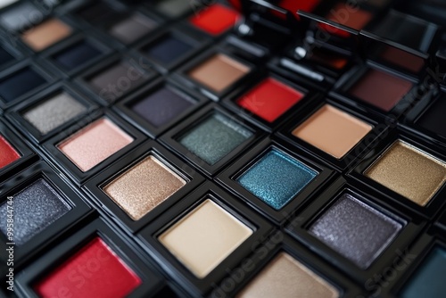 Close up of sleek black eyeshadow palette featuring matte and shimmer shades of red grey and taupe for a sophisticated modern look