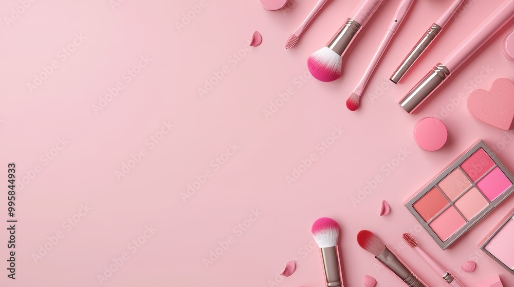 Elegant Pink Makeup Brushes and Cosmetics on Pastel Background with Copy Space Elegant Pink Makeup Brushes and Cosmetics on Pastel Background with Copy Space