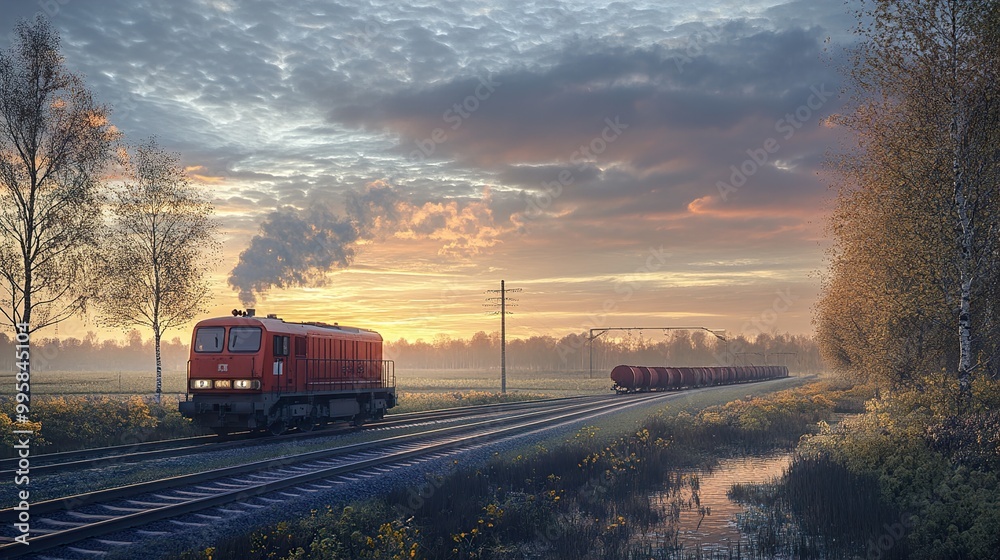 Freight Train Rolling Through a Tranquil Landscape at Sunset Freight Train Rolling Through a Tranquil Landscape at Sunset