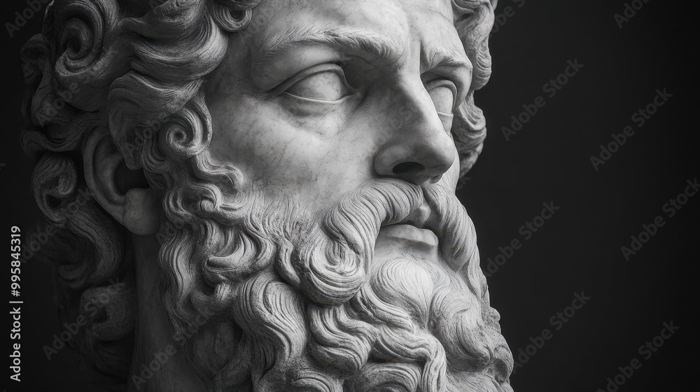 A detailed close up view of a statue depicting a man with a beard A detailed close up view of a statue depicting a man with a beard