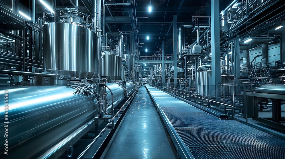 Industrial food processing facility with a focus on a stainless steel tank and conveyor system, illuminated by cold white light, Minimalist, Realistic, High Contrast Industrial food processing facility with a focus on a stainless steel tank and conveyor system, illuminated by cold white light, Minimalist, Realistic, High Contrast