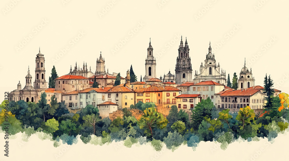 Fototapeta premium Santiago de Compostela, color pen pencil hand-drawn effect drawing illustration for travel poster, card, wallpaper, backdrop or banner. Modern, clear, artistic and simple
