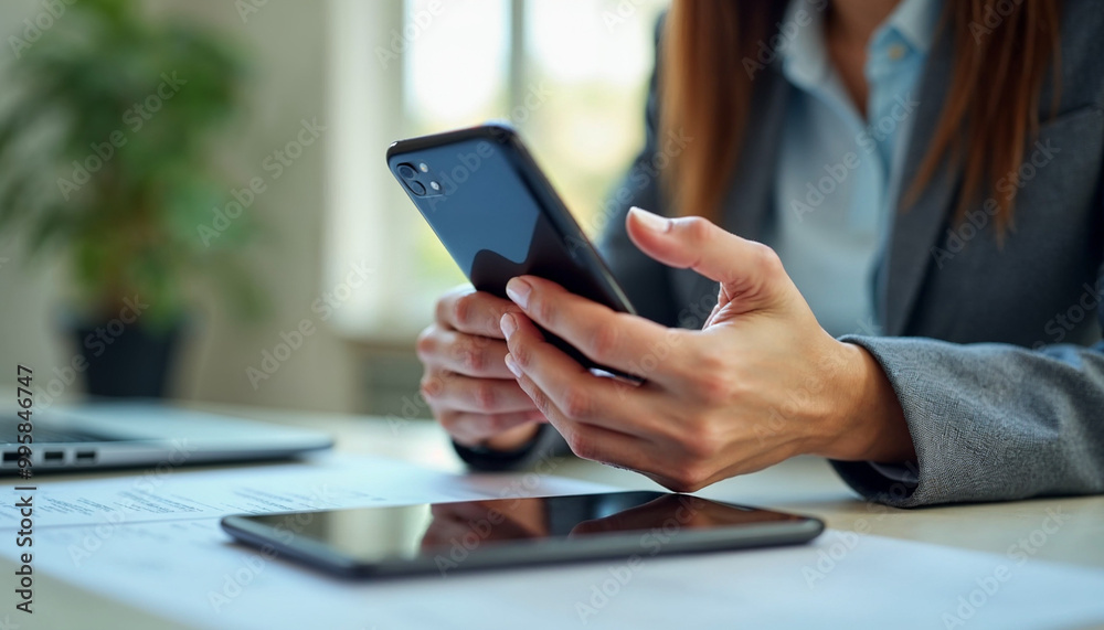 Cropped shot of executive woman holding smartphone in hands while doing online financial transaction by her smartphone in front computer tablet at the modern working desk. Cropped shot of executive woman holding smartphone in hands while doing online financial transaction by her smartphone in front computer tablet at the modern working desk.