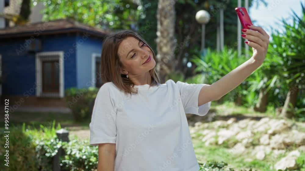 A beautiful young woman taking a selfie outdoors in an urban park with a blue house in the background. A beautiful young woman taking a selfie outdoors in an urban park with a blue house in the background.