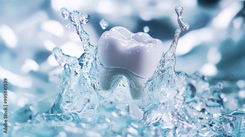 Close up of healthy tooth with water splash, whitening and cleaning procedure. Dental medicine. Generative AI Close up of healthy tooth with water splash, whitening and cleaning procedure. Dental medicine. Generative AI