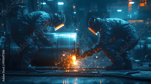 Industrial workers in protective suits welding a stainless steel tank, with sparks flying, captured in a cyberpunk environment with dark shadows and bright neon accents, Cyberpunk