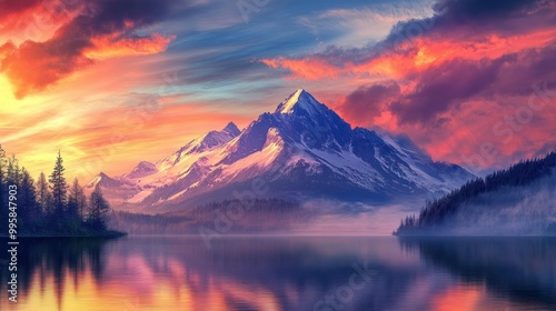 A Majestic Mountain Peak Reflecting in a Calm Lake at Sunset