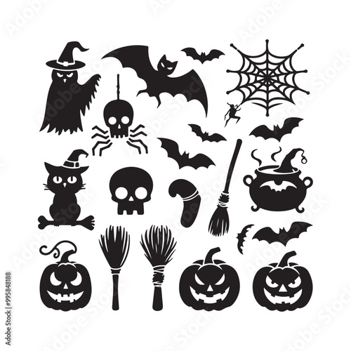 Halloween elements silhouette vector. Halloween elements silhouette set. Creepy and spooky fauna creatures group, monochrome icons, signs