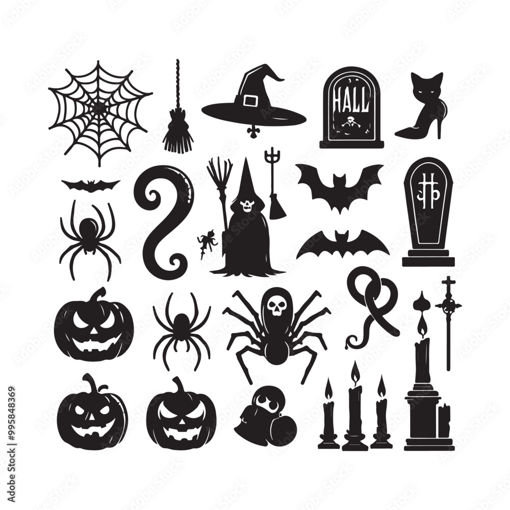 Halloween elements silhouette vector. Halloween elements silhouette set. Creepy and spooky fauna creatures group, monochrome icons, signs Halloween elements silhouette vector. Halloween elements silhouette set. Creepy and spooky fauna creatures group, monochrome icons, signs