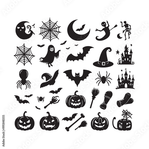 Halloween elements silhouette vector. Halloween elements silhouette set. Creepy and spooky fauna creatures group, monochrome icons, signs