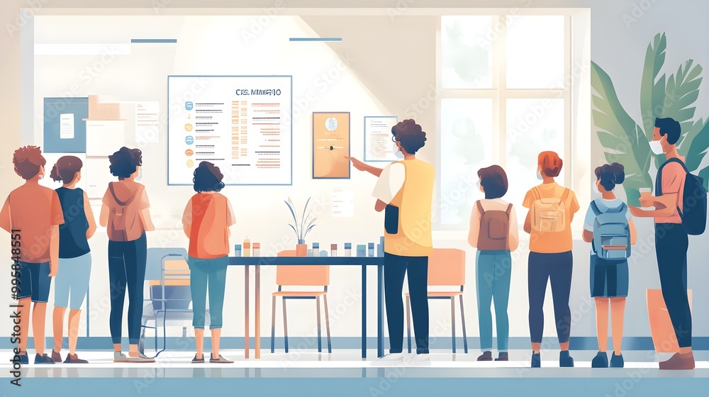 A healthcare worker giving a vaccine at a pop-up clinic in a community center, with a diverse group of patients waiting in line A healthcare worker giving a vaccine at a pop-up clinic in a community center, with a diverse group of patients waiting in line